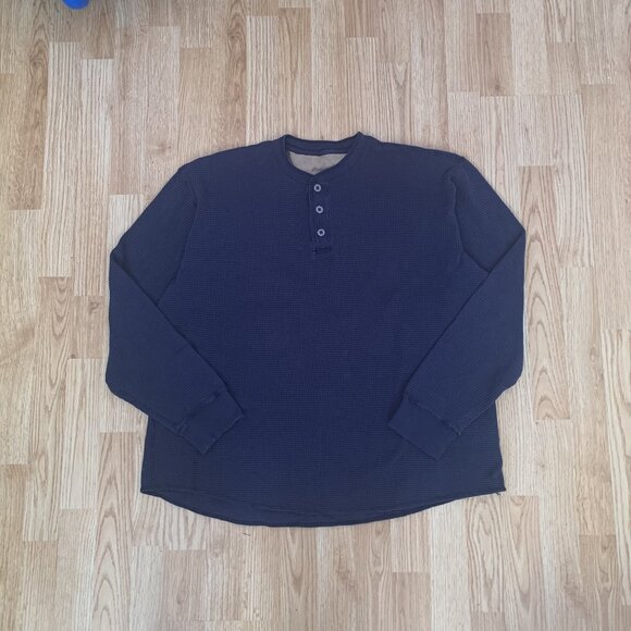 Eddie Bauer Thermal Henley Mens XL Blue Waffle Knit Three Button Placket Cotton - Picture 1 of 9